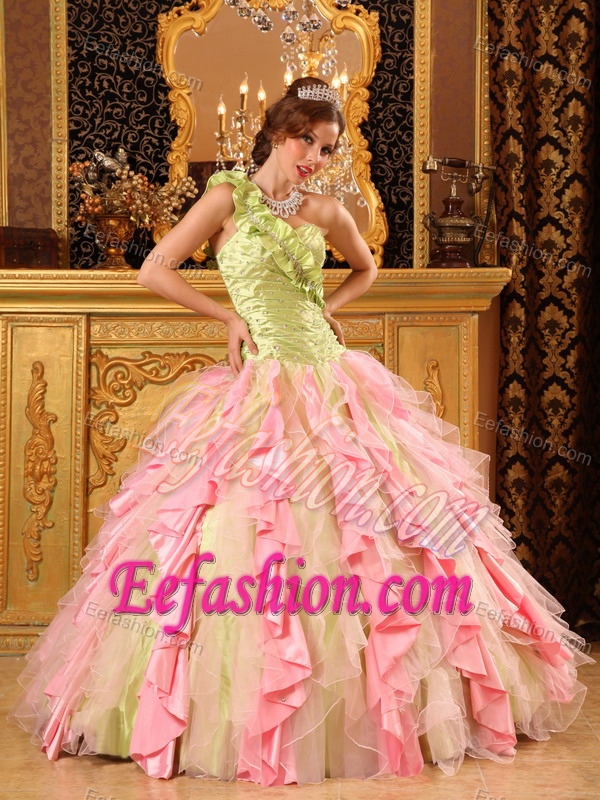 One Shoulder Multi-colored Ruched Flounced Quinceanera Dress with Ruffles