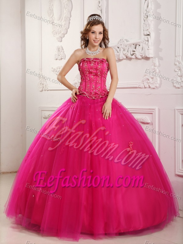 Hot Pink Strapless Tulle Quinceanera Gown Dress with Appliques on Promotion