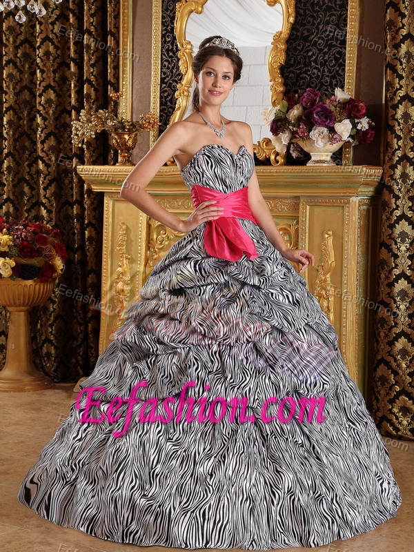 Sweetheart Long Zebra Quinceanera Dress with Pick-ups and Red Sash