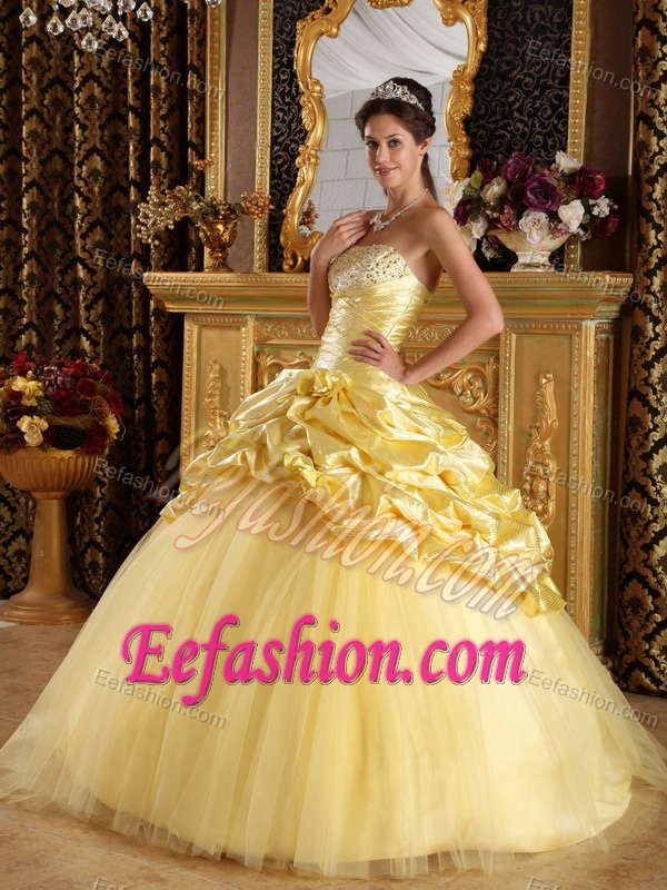 Yellow Strapless and Tulle Sweet 16 Dress with Pick-ups and Beading