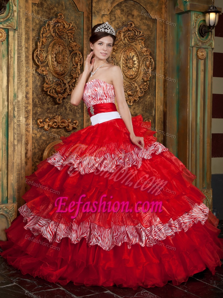 Zebra and Wine Red Organza Quinceanera Dress with Layered Ruffles for Cheap