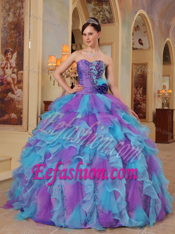 Sweetheart Ball Gown Multi-colored Appliqued Quinceanera Dress with Ruffles