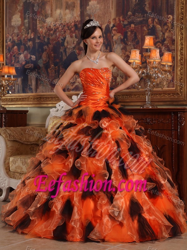 Strapless Orange and Black Ruched Sweet 16 Dresses with Ruffles and Beading
