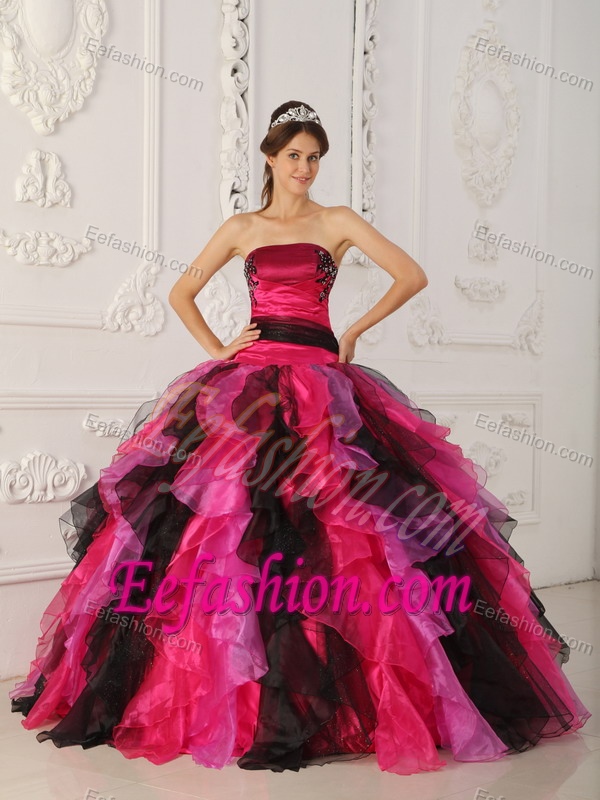 Strapless Ball Gown Multi-colored Appliqued Quinceanera Dresses with Ruffles