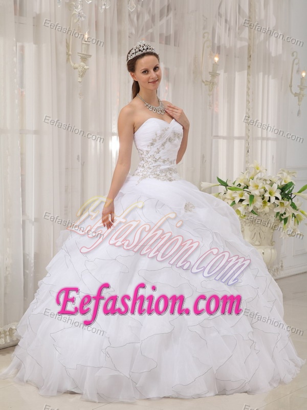 Ruched Sweetheart White Organza Sweet 16 Dress with Ruffles and Appliques