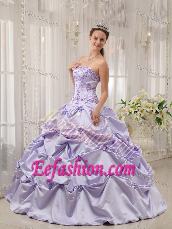 Lilac Strapless Long Appliqued Quinceanera Dress with Pick-ups