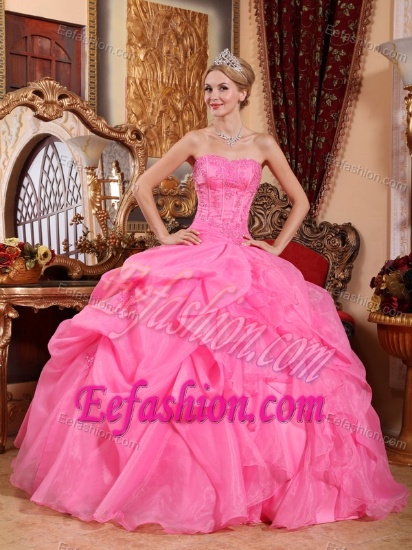 Strapless Hot Pink Organza Quinceanera Dresses with Pick-ups and Appliques