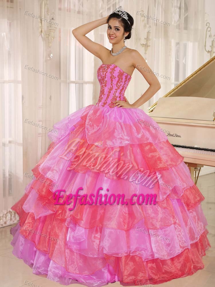 2013 Hot Pink and Red Quinceanera Dress with Ruffled Layers and Appliques