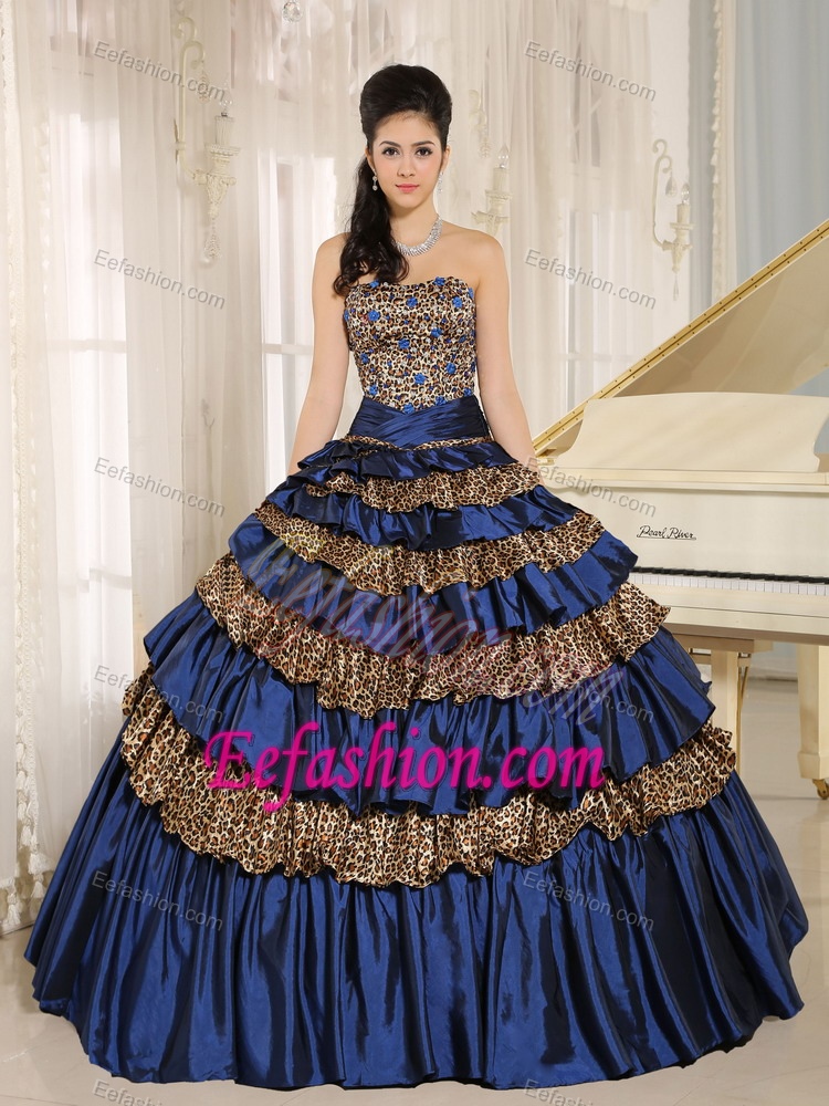 Navy Blue Leopard Beaded Quinceanera Dress with Ruffled Layers and Appliques