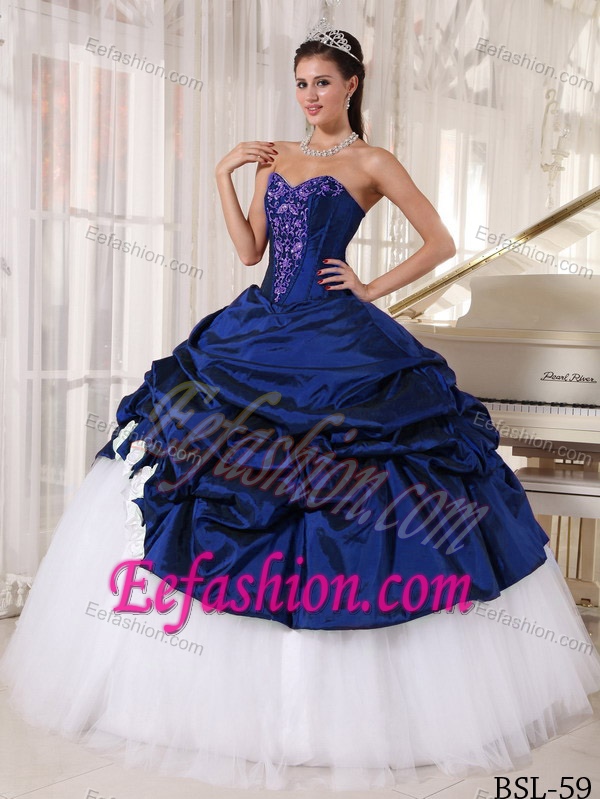 Royal Blue White Sweetheart and Tulle Quinceanera Dress with Pick-ups