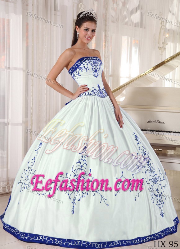 White and Royal Blue Quinceanera Dress with Embroidery on Promotion
