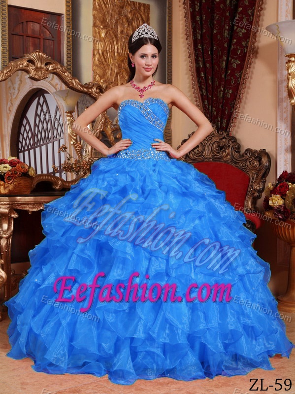 Blue Sweetheart Ruched Organza Quinceanera Dress with Beading and Ruffles