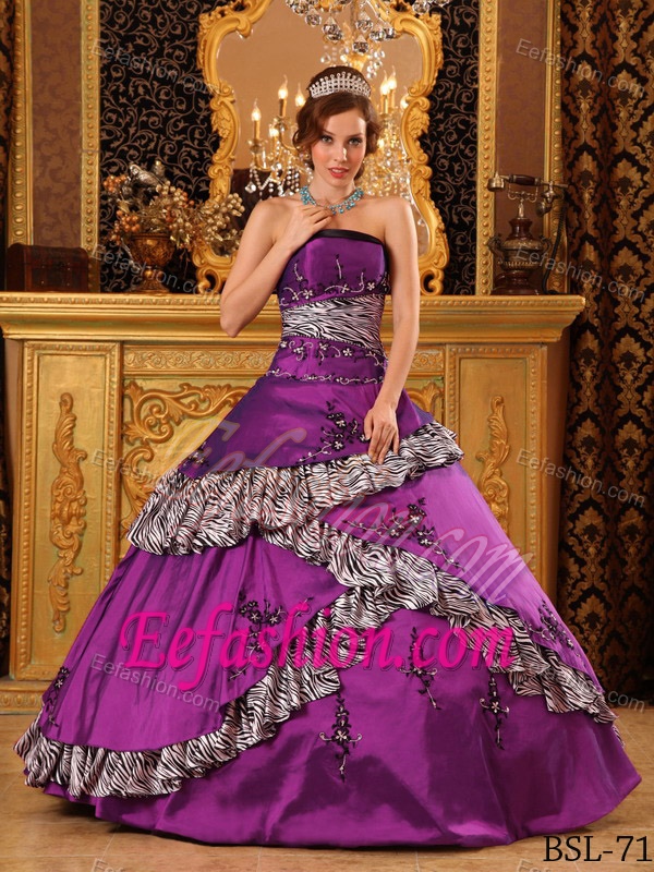 Pretty Purple Strapless Ball Gown Zebra Sweet 16 Dress with Appliques