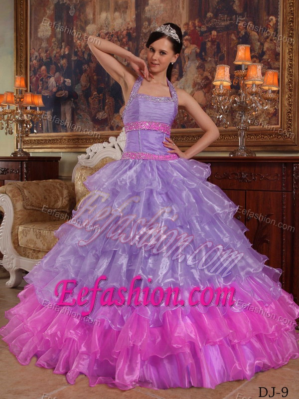 Chic Lavender and Pink Halter Organza Sweet 16 Dress with Layers and Beading