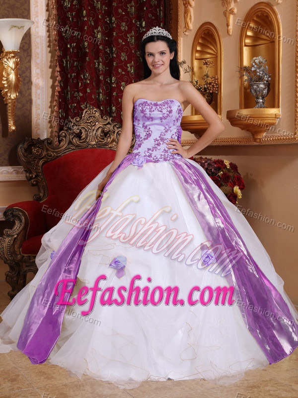 White Strapless Organza Dress for Quince with Beading and Appliques on Sale