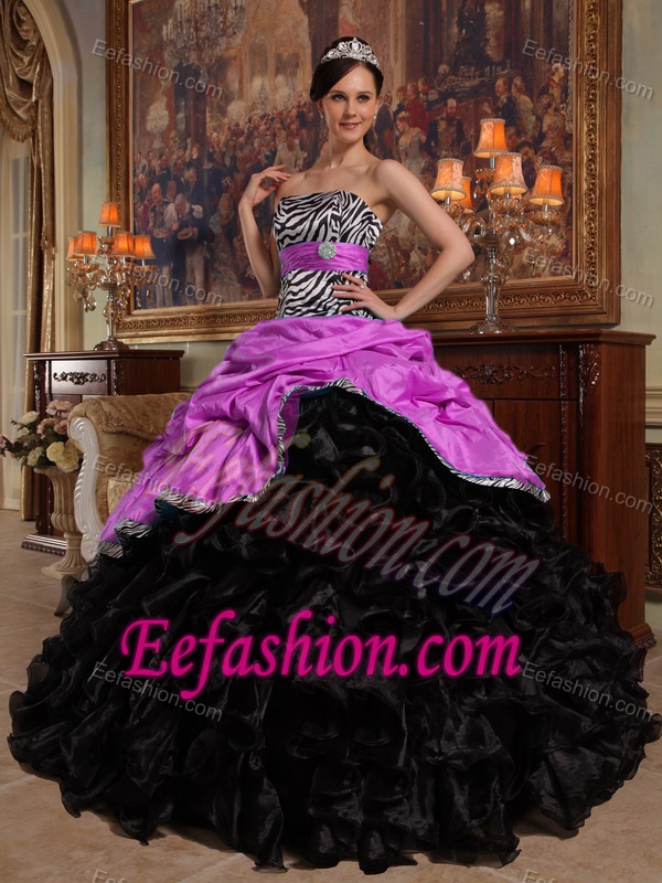 Hot Pink and Black Sweetheart Ruffled Dress for Quince in Organza and Taffeta