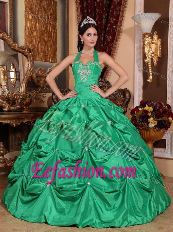 Green Ball Gown Halter Top Quinceanera Dresses in with Appliques