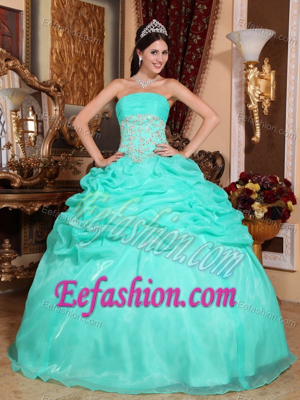New Turquoise Strapless Organza Appliqued Dresses for Quince with Pick Ups