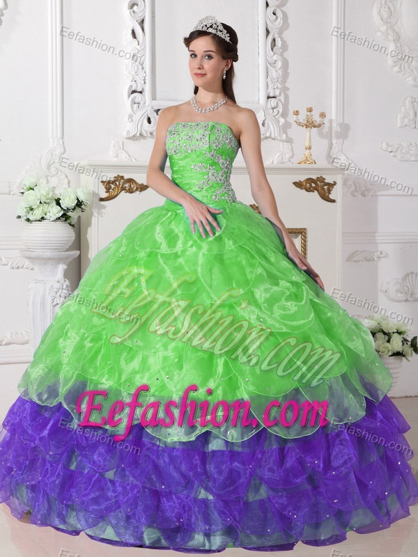 Colorful Ball Gown Strapless Quinceanera Dresses in Organza with Appliques