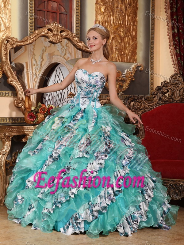 Multi-color Sweetheart Organza Printing Quinceanera Dress with Ruffled Layers