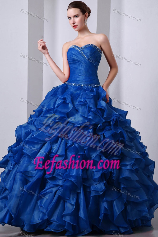 Blue A-line Sweetheart Beaded and Ruffled Quinceanea Dresses in Organza
