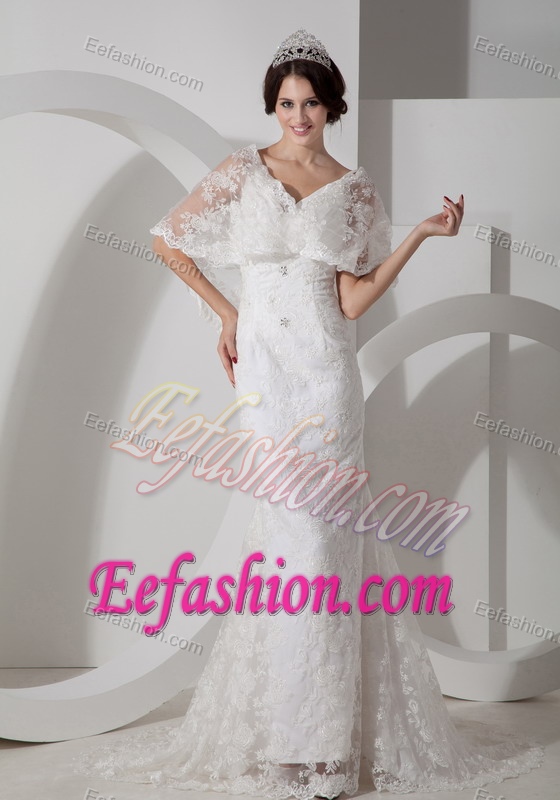New V-neck Satin Lace Wedding Bridal Dress with Brush Train on Sale