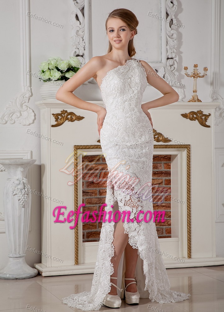 Perfect One Shoulder Lace Wedding Bridal Dresses with Brush Train