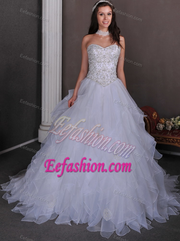 Beautiful A-line Sweetheart Organza Beaded and Ruffled Wedding Gown Dress