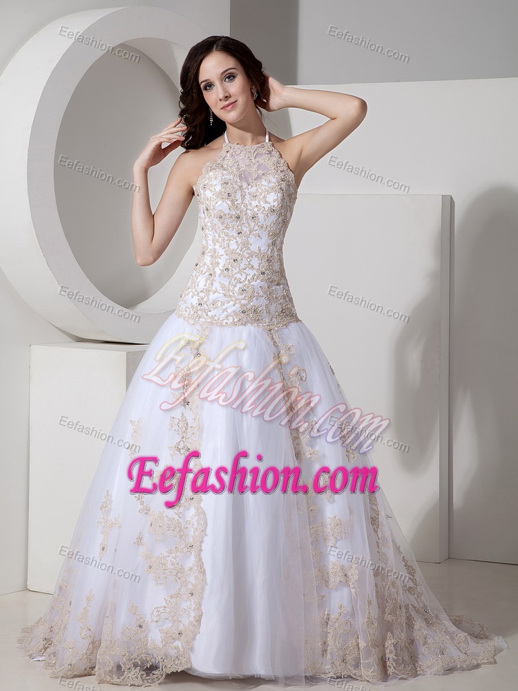 Exclusive Halter Tulle Lace Wedding Dresses with Court Train and Appliques