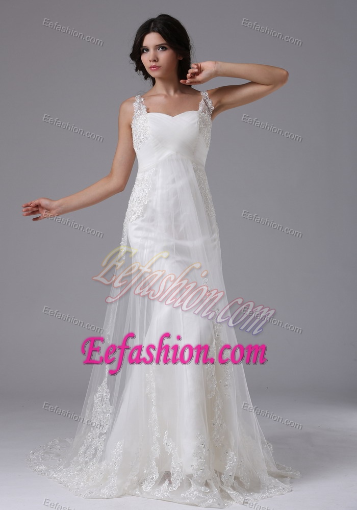 White Straps Elegant Wedding Dresses Brush Train A-line on Wholesale Price
