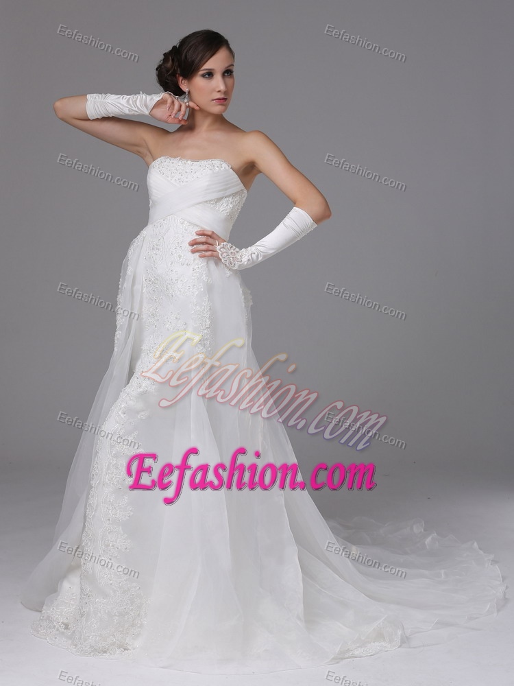 Pretty Lace and Organza Strapless Wedding Dress for Women with Brush Train