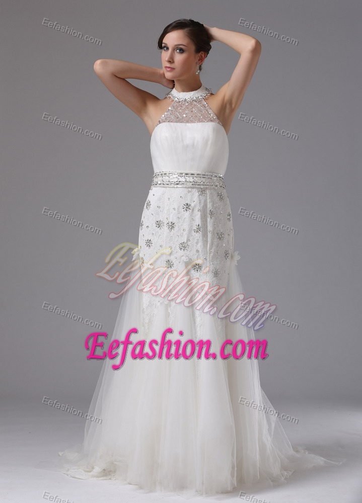 High-neck Wedding Dresses Lace Beaded with Brush Train on Promotion
