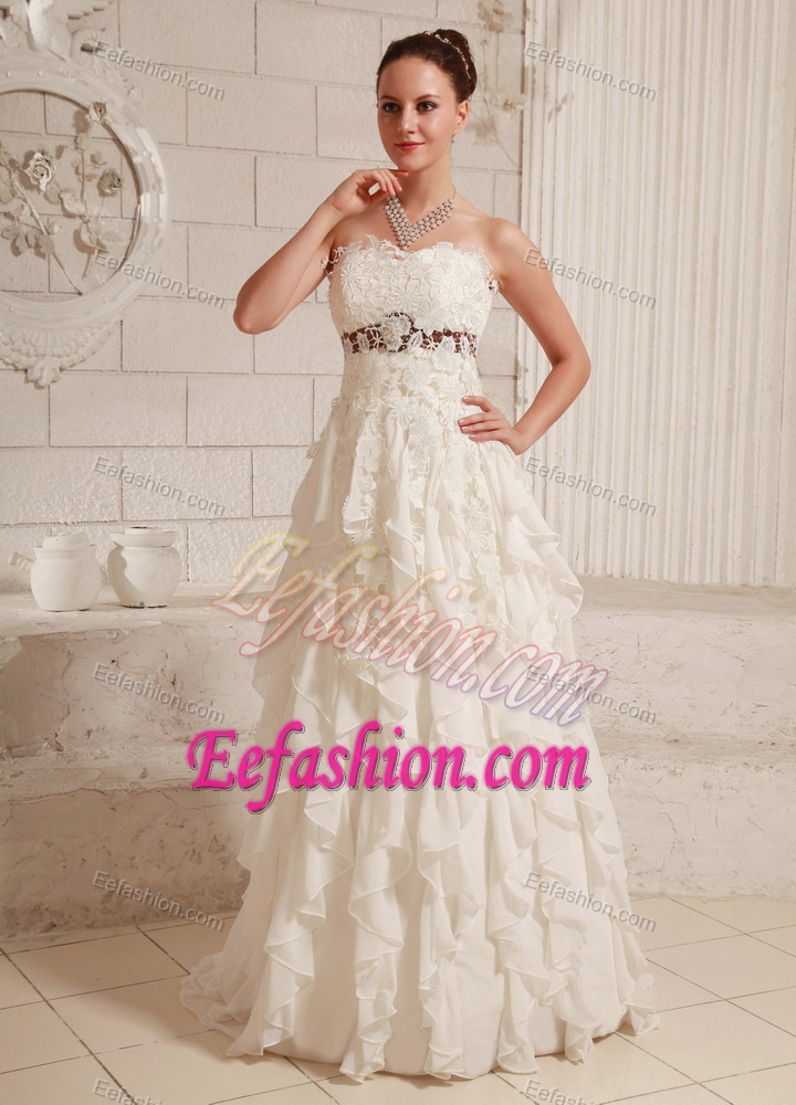 New Lace and Chiffon Ruffled Pretty A-line Wedding Dress with Brush Train