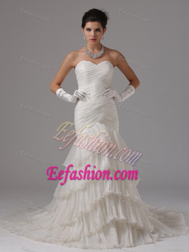 Ready to Wear Mermaid Ruched Wedding Gown with Ruffled Layer for Cheap