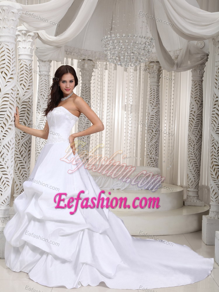 Best Strapless Court Train Wedding Dress with Appliques and Pick-ups
