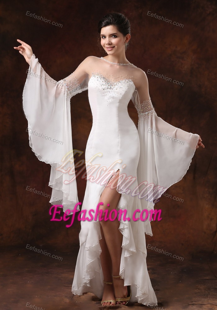 Bateau Long Sleeves High-low Chiffon Wedding Dresses with Beading and Slit