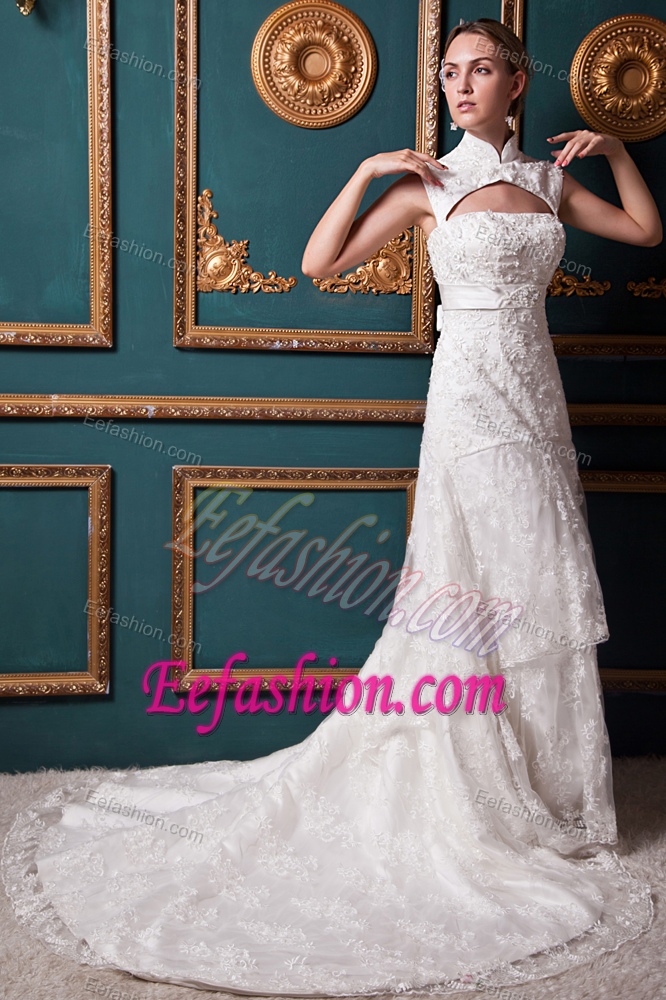 High-neck Brush Train Layered Lace Appliqued Wedding Dresses with Cutout