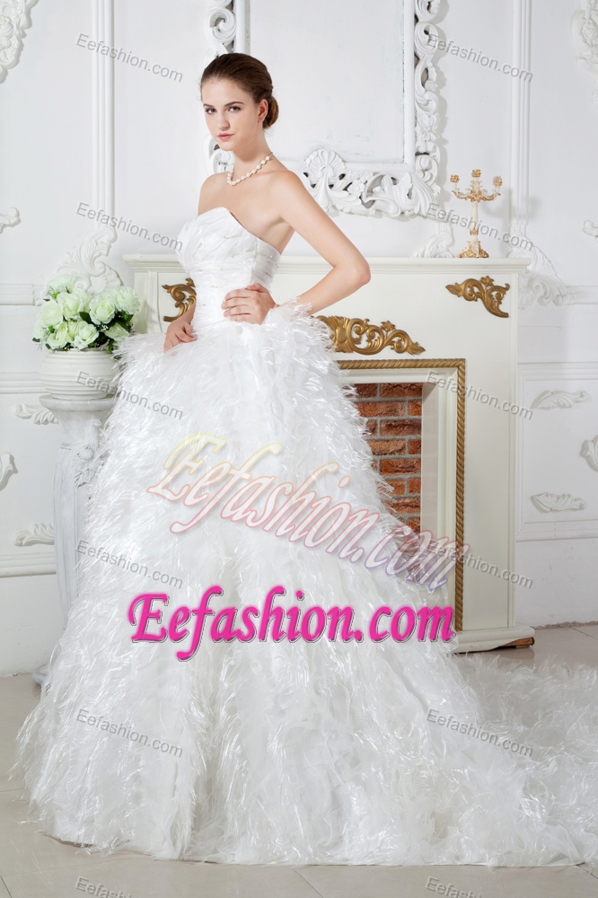 Sweetheart Court Train Ruched Dress for Wedding with Beading and Ruffles