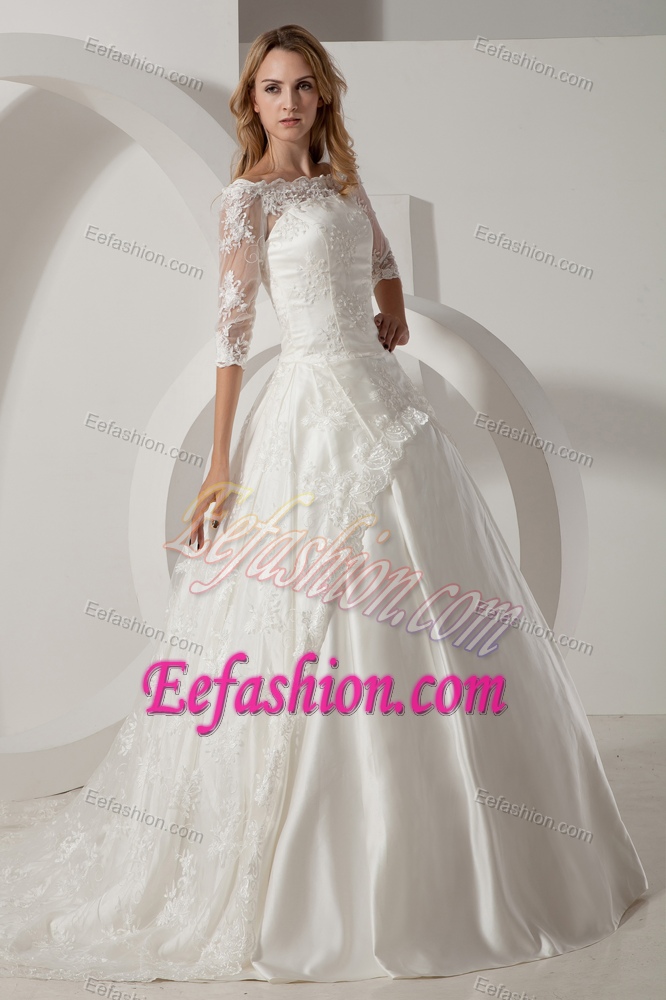Bateau Half Sleeves Court Train and Lace Wedding Dress on Promotion