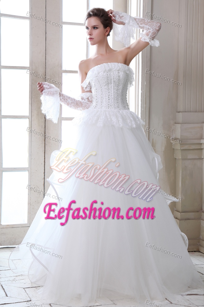 Flounced Strapless Long Tulle Wedding Dress with Ruffles and Beading