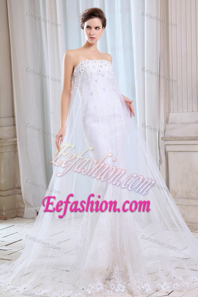 Strapless Brush Train Tulle Wedding Dress with Floral Appliques on Promotion