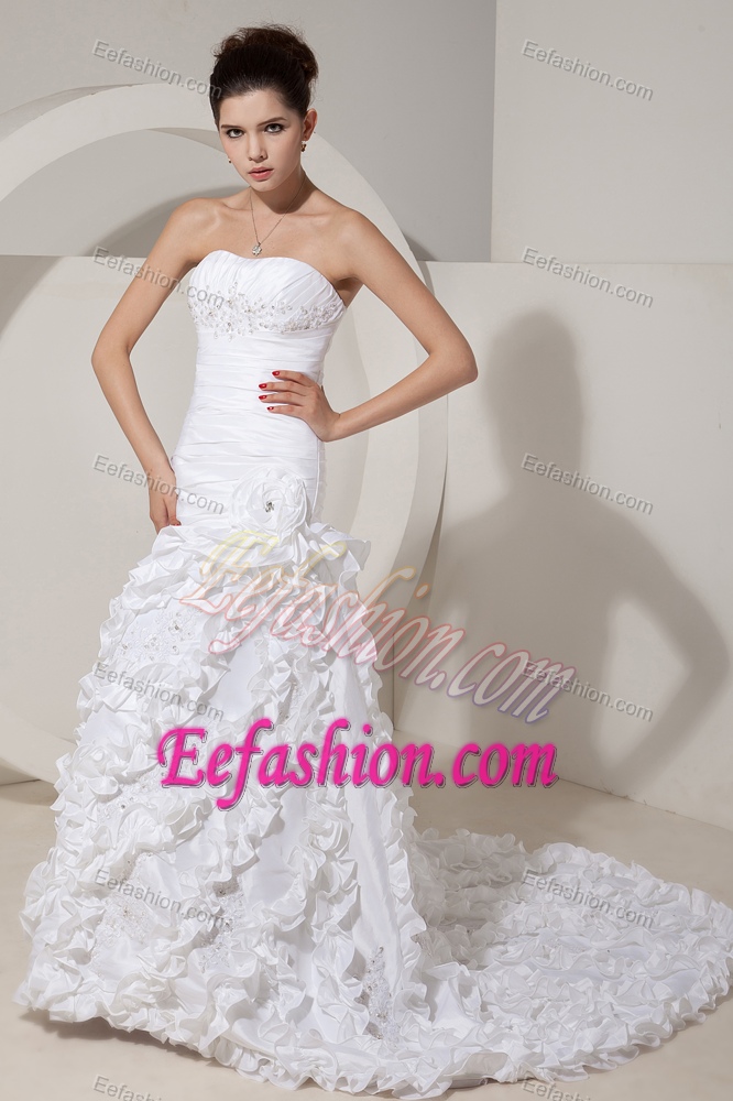 Strapless Court Train Ruched Beaded Wedding Dress with Ruffles and Flower
