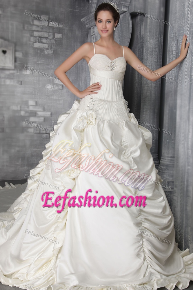 Spaghetti Straps Court Train Ruched Wedding Dress with Pick-ups and Beading