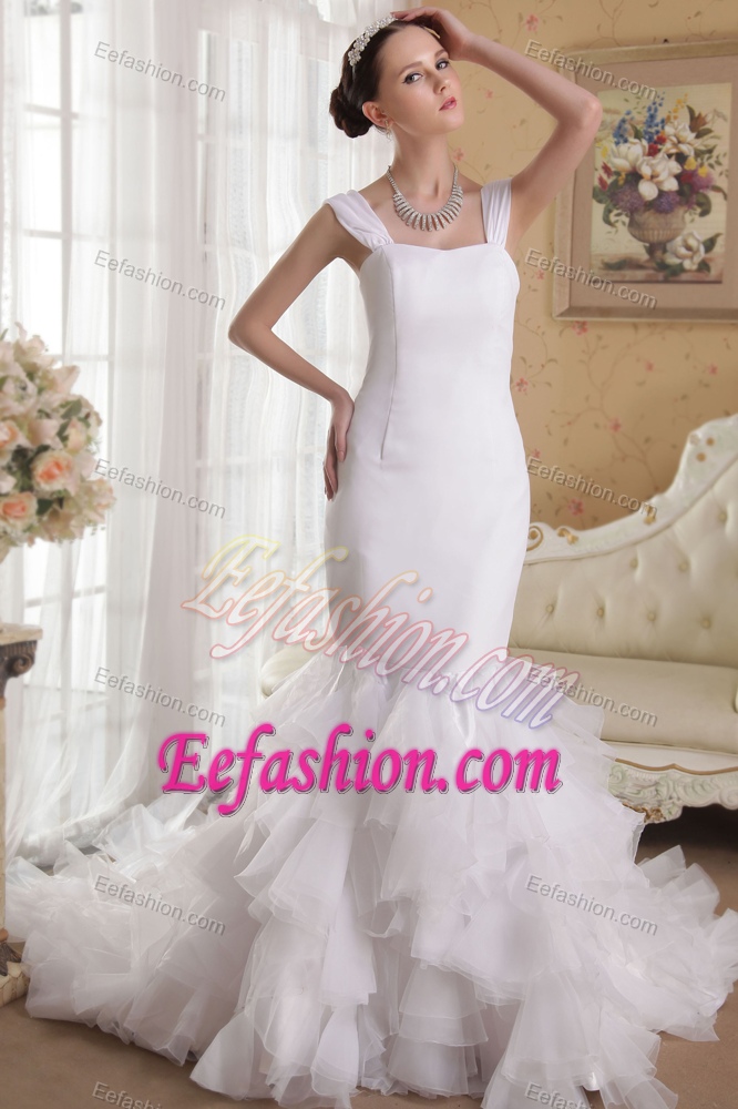 Straps Court Train Mermaid Satin and Organza Wedding Dresses with Ruffles