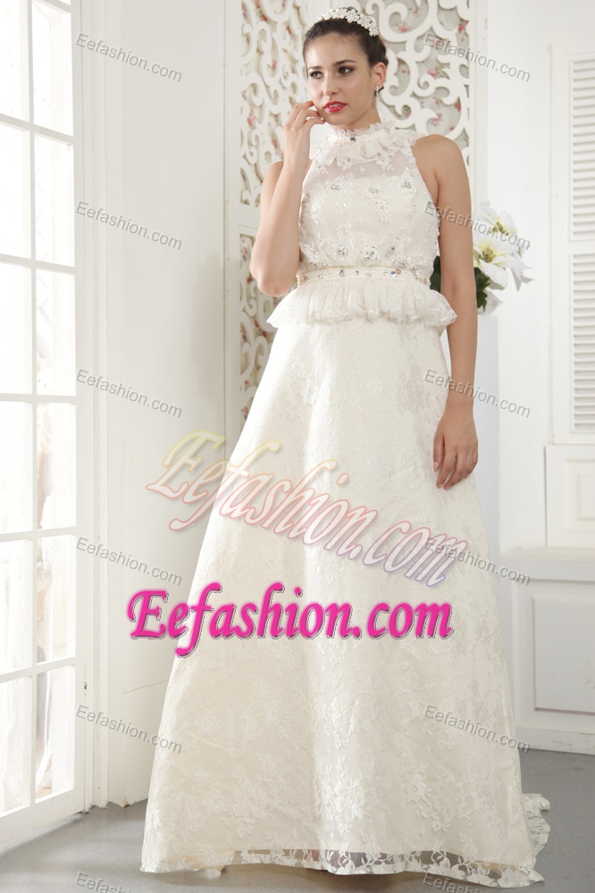 High-neck Brush Train Flounced Lace Wedding Dress with Appliques on Sale
