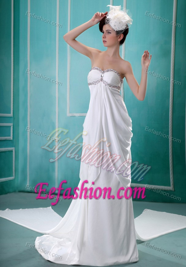 Sweetheart Court Train Drapped Ruched Chiffon Wedding Dress with Beading