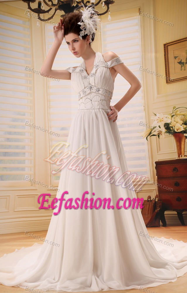 Halter off-the-shoulder Court Train Wedding Dress with Beading and Ruching