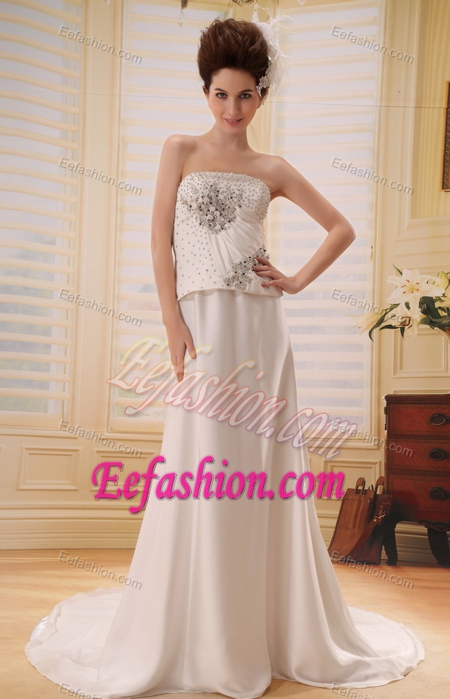 Cheap Champagne Strapless Court Train Ruched Wedding Dress with Beading