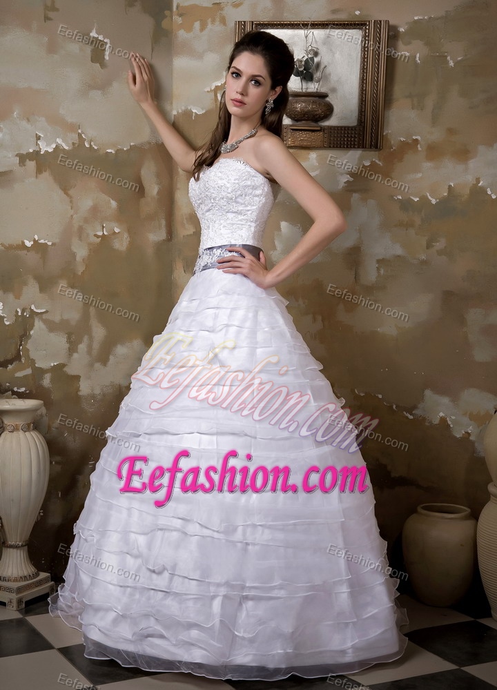 Strapless Princess Long Layered Organza Wedding Dress with Appliques