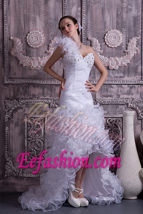 One Shoulder Brush Train High-low Wedding Dress with Beading and Ruffles